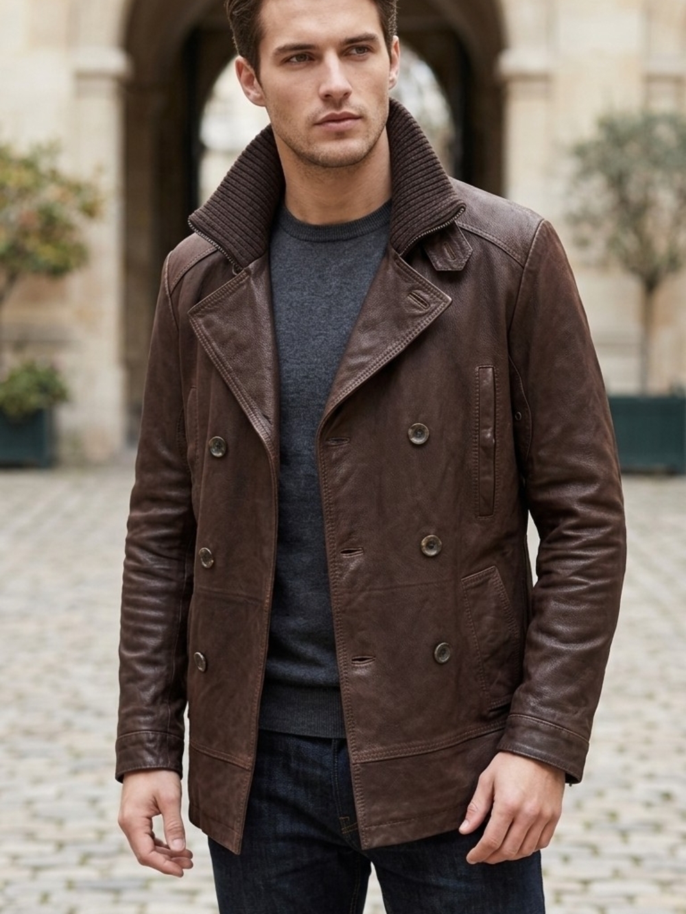 Men's Brown Double-Breasted Pea Coat